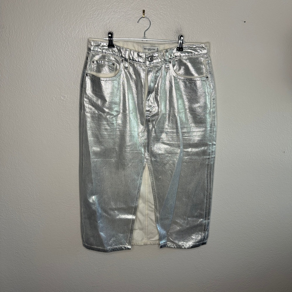 Abercrombie & Fitch High Rise Metallic Silver Coated Denim Midi Skirt 31 / 12 - Picture 4 of 9